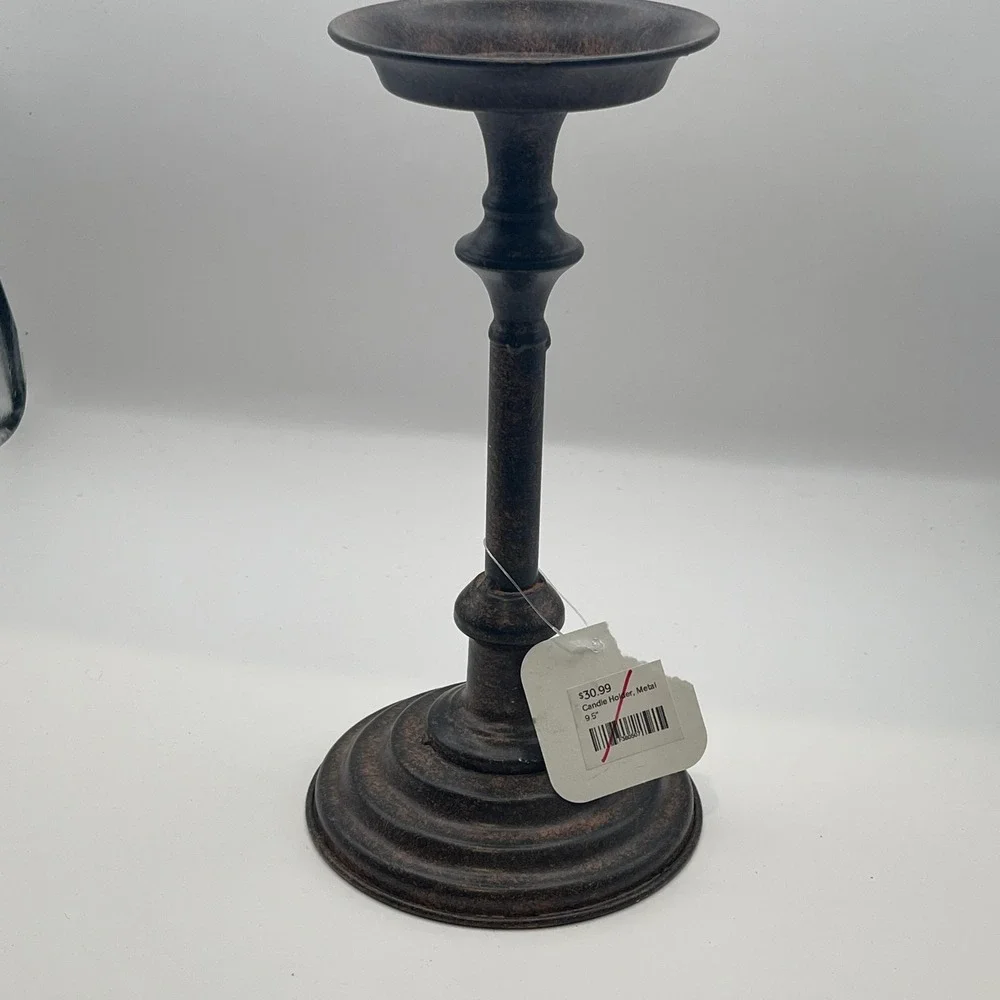 Rustic Bronze Metal Pillar Candle Holder 9.5 Inch Antiqued Tiered Base Stand